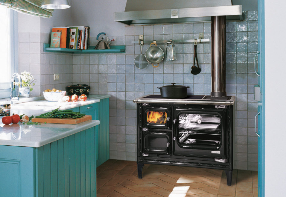 Deva wood cook stove in a farmhouse-style kitchen