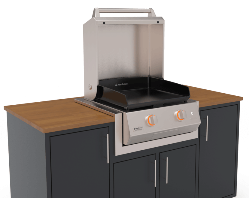 Brabura 22 griddle built into an outdoor kitchen with wooden counter top and insulating liner