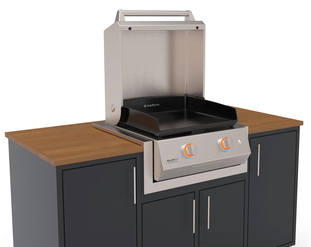 Brabura 22 griddle built into an outdoor kitchen with wooden counter top and insulating liner