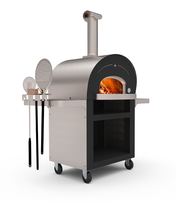 HearthStone Geniio pizza oven on rolling base with side shelves, tool rack and tool set